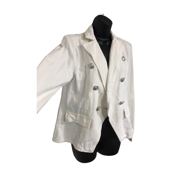 White stretch denim double breasted military style jean‎ jacket size medium new - Picture 8 of 16